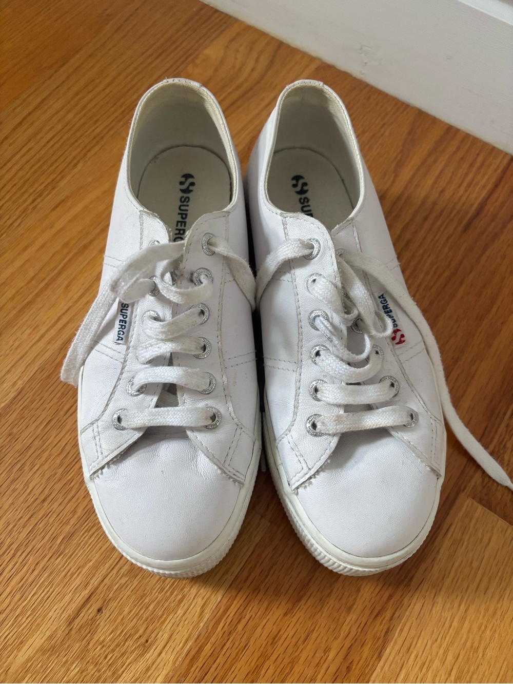 Superga White Canvas Low-Top Platform Leather Sneakers